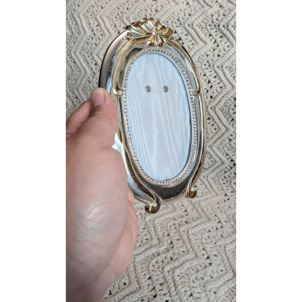 Vintage Two Tone Silver Gold Oval Picture Frame Bow Crest Japan Tarnish Resist